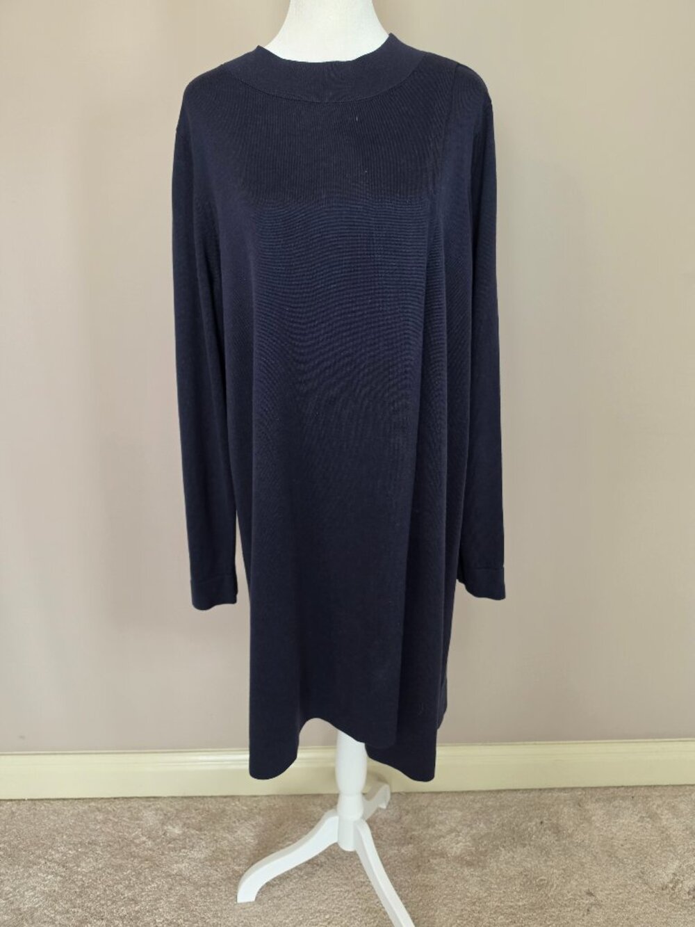 Eileen Fisher Silk Blend Asymmetric Front Overlay Navy Knit Tunic Dress Size XL